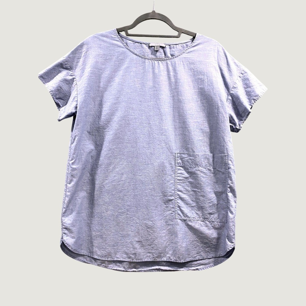 COS Light Blue Minimalist Tunic‎ Blouse S Boxy Fit Cotton Blend Pocket Top
